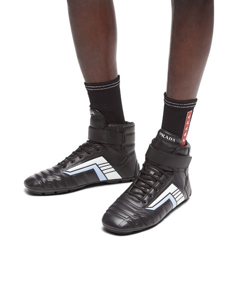 prada rev leather sneakers|Black/light Blue Prada Rev leather high.